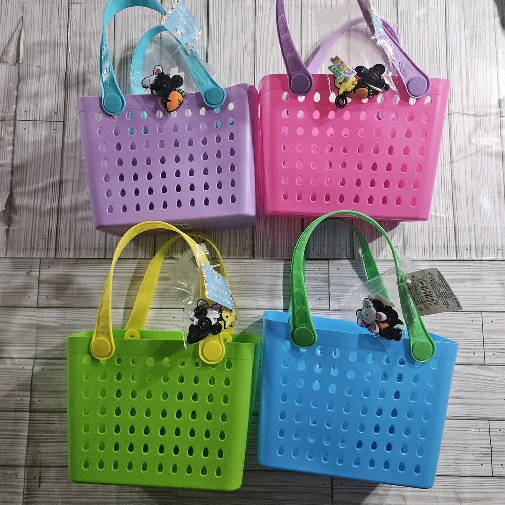 4X VIRAL EASTER MINI BOGG‎ TOTE BASKETS BLUE, GREEN, PINK, PURPLE W/ CHARMS